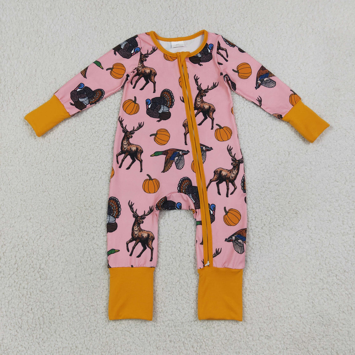 RTS NO MOQ Sibling milk silk Baby Girls Pink Thanksgiving Turkey Deer Pumpkin Print Baby Zipper Romper Kids Pajama Set Blanket