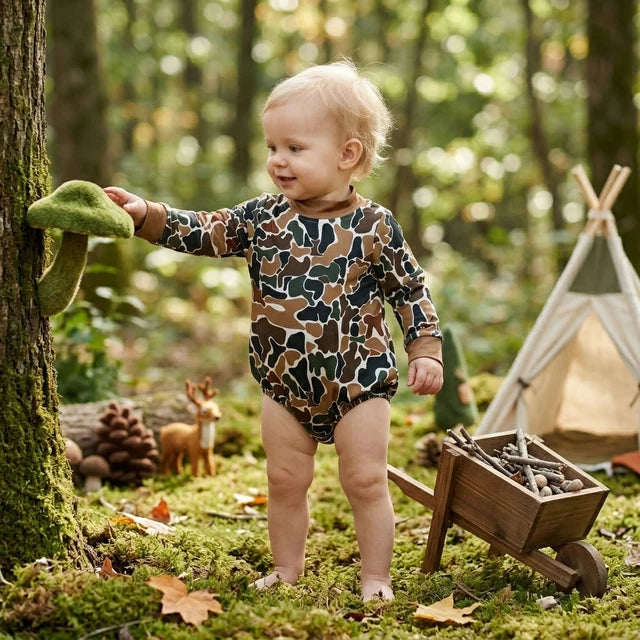 RTS NO MOQ （In stock）milk silk LR3261 Baby Boys High Neck Long Sleeve Dark Brown Camo Casual Rompers