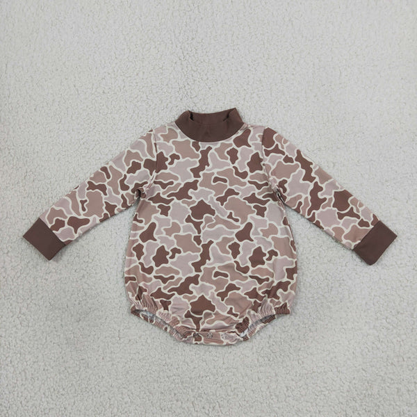 RTS NO MOQ Sibling milk silk High Neck Baby Boys Camo Print Long Sleeve Mock Neck Bubble Romper
