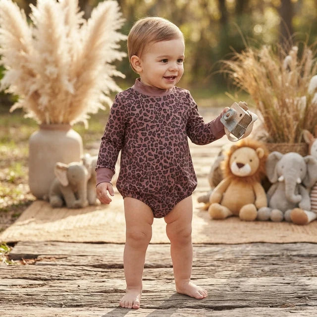 RTS NO MOQ （In stock）LR3264 milk silk Baby Boys High Neck Long Sleeve Brown Leopard Rompers