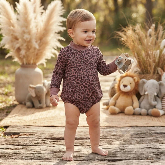 RTS NO MOQ （In stock）LR3264 milk silk Baby Boys High Neck Long Sleeve Brown Leopard Rompers