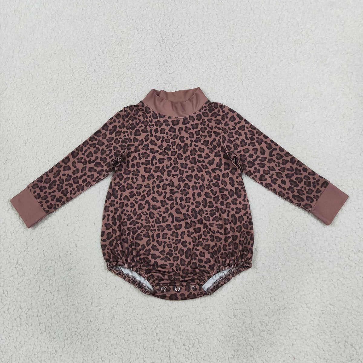RTS NO MOQ （In stock）LR3264 milk silk Baby Boys High Neck Long Sleeve Brown Leopard Rompers