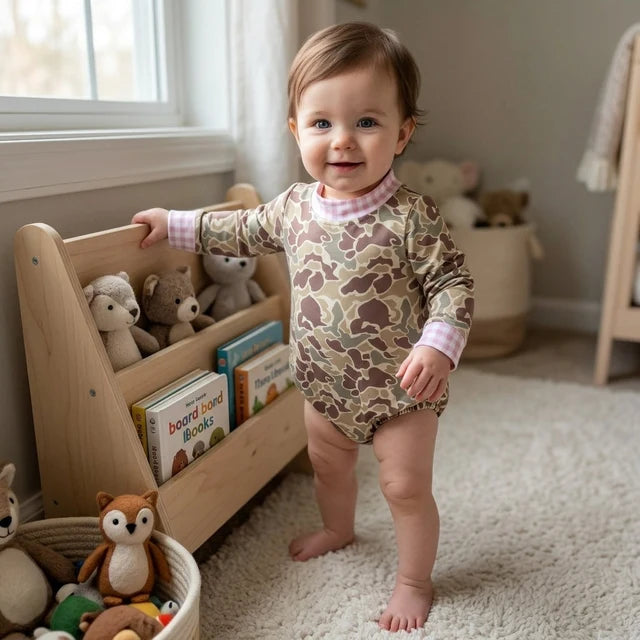 RTS NO MOQ （In stock）milk silk LR3280 Baby Girls High Neck Pink Khaki Green Camo Long Sleeve Choker Rompers