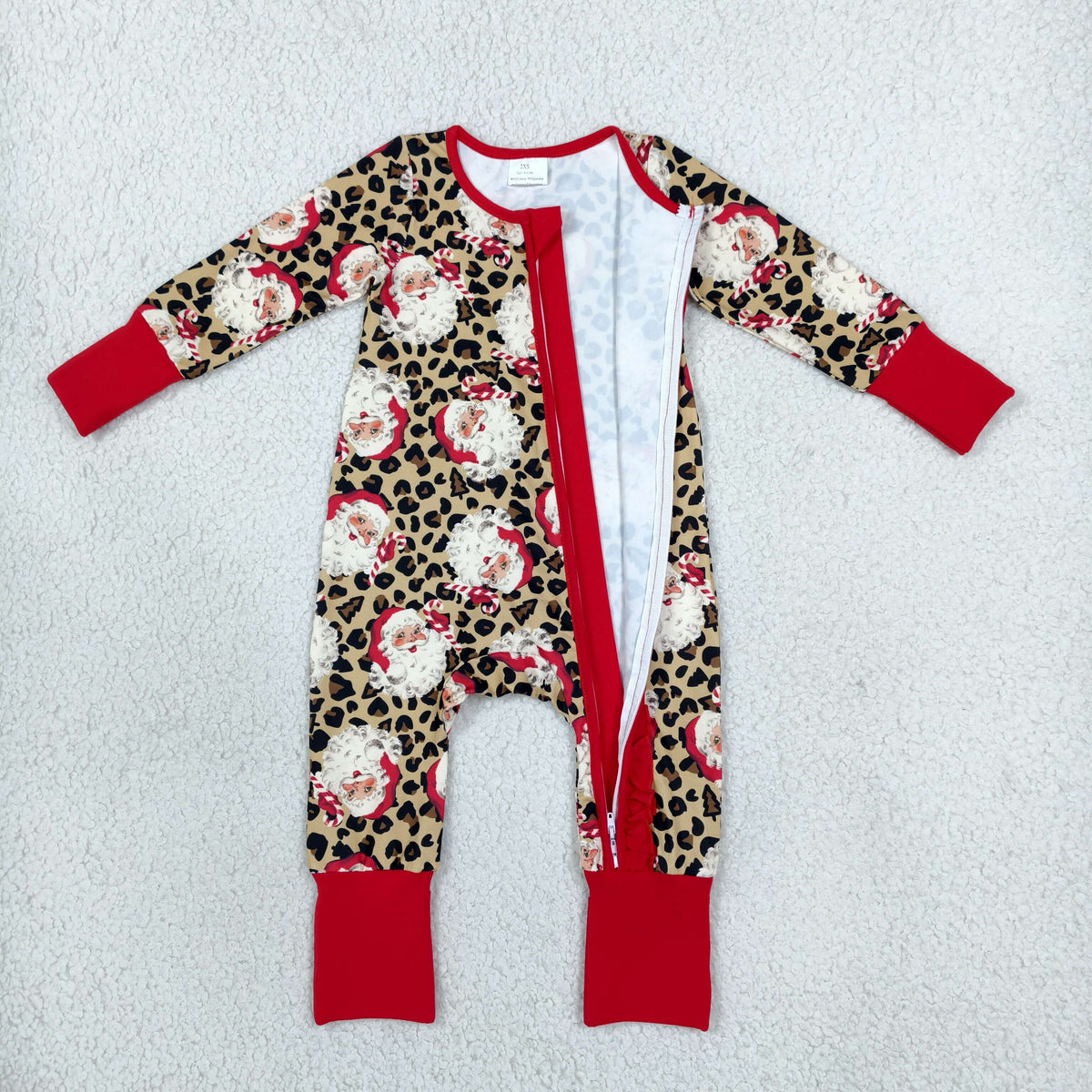 RTS NO MOQ （In stock）milk silk LR3302 Baby Girls Leopard Santa Print Christmas Long Sleeve Two Way Zip Ruffle Convertible Rompers