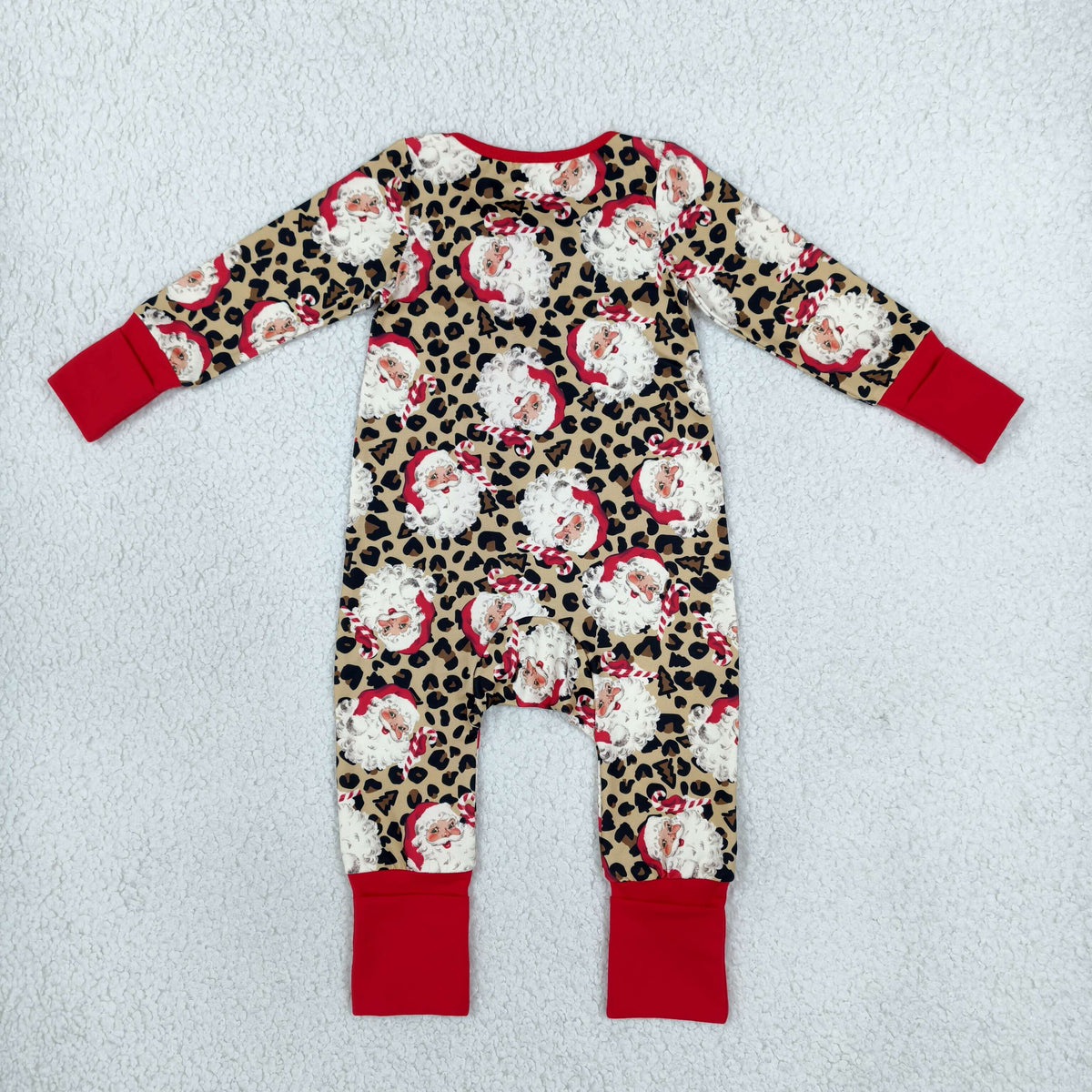 RTS NO MOQ （In stock）milk silk LR3302 Baby Girls Leopard Santa Print Christmas Long Sleeve Two Way Zip Ruffle Convertible Rompers