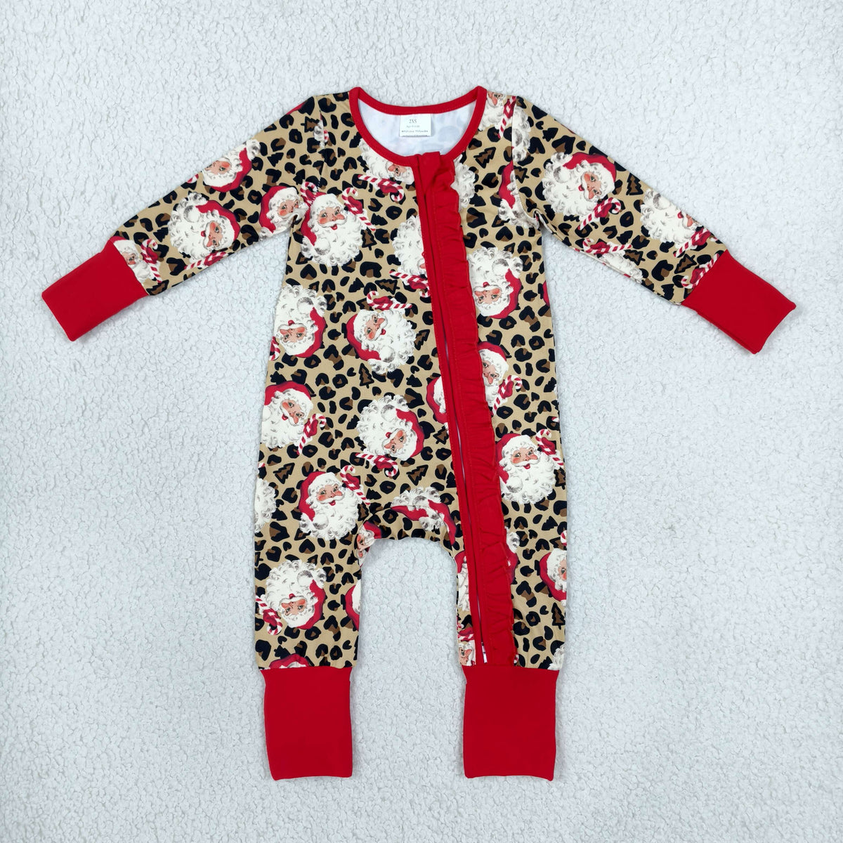 RTS NO MOQ （In stock）milk silk LR3302 Baby Girls Leopard Santa Print Christmas Long Sleeve Two Way Zip Ruffle Convertible Rompers