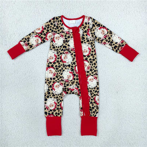 RTS NO MOQ Sibling milk silk Baby Girls Santa Print Two Way Zip Long Sleeve Ruffle Cuff Romper