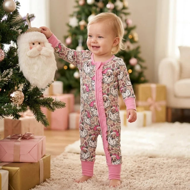 RTS NO MOQ （In stock）milk silk LR3305 Baby Girls Khaki Camo Santa Print Christmas Two Way Zip Ruffle Convertible Rompers