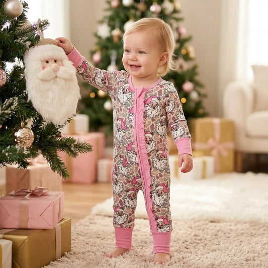 RTS NO MOQ （In stock）milk silk LR3305 Baby Girls Khaki Camo Santa Print Christmas Two Way Zip Ruffle Convertible Rompers