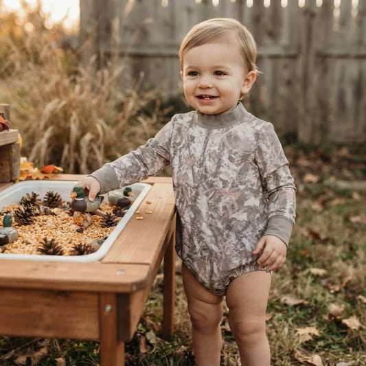 RTS NO MOQ （In stock）LR3308 yoga fabric Baby Boys Long Sleeve Southern Khaki Leaves Camo Rompers
