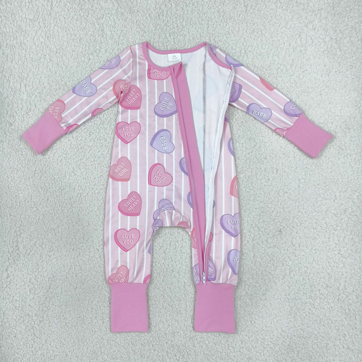 RTS NO MOQ （In stock）milk silk LR3325 Baby Girls Pink Stripe LOVE YOU Hearts Print Two Way Zip Convertible Valentines Rompers