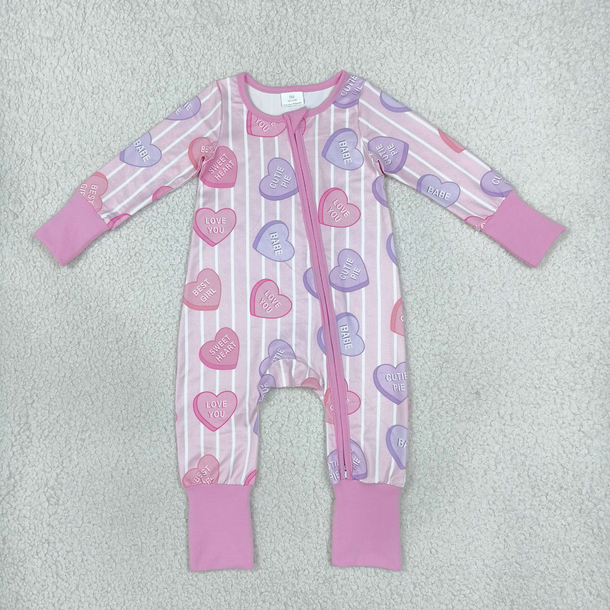 RTS NO MOQ （In stock）milk silk LR3325 Baby Girls Pink Stripe LOVE YOU Hearts Print Two Way Zip Convertible Valentines Rompers