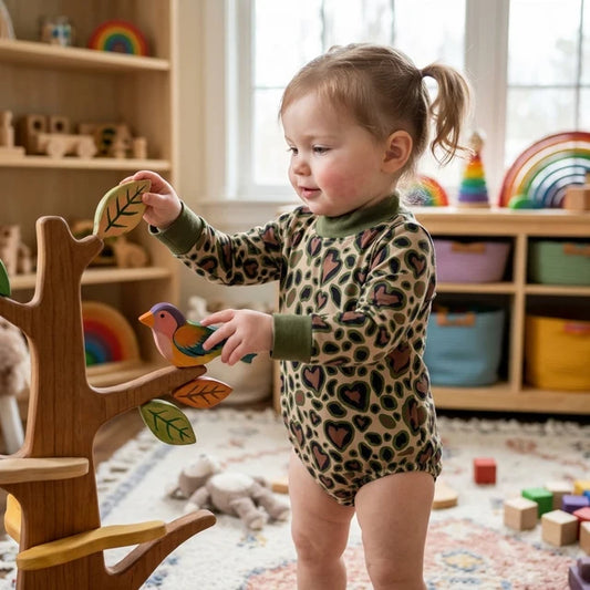 RTS NO MOQ （In stock）milk silk LR3333 Baby Girls High Neck Long Sleeve Olive Black Leopard Hearts Print Valentines Rompers
