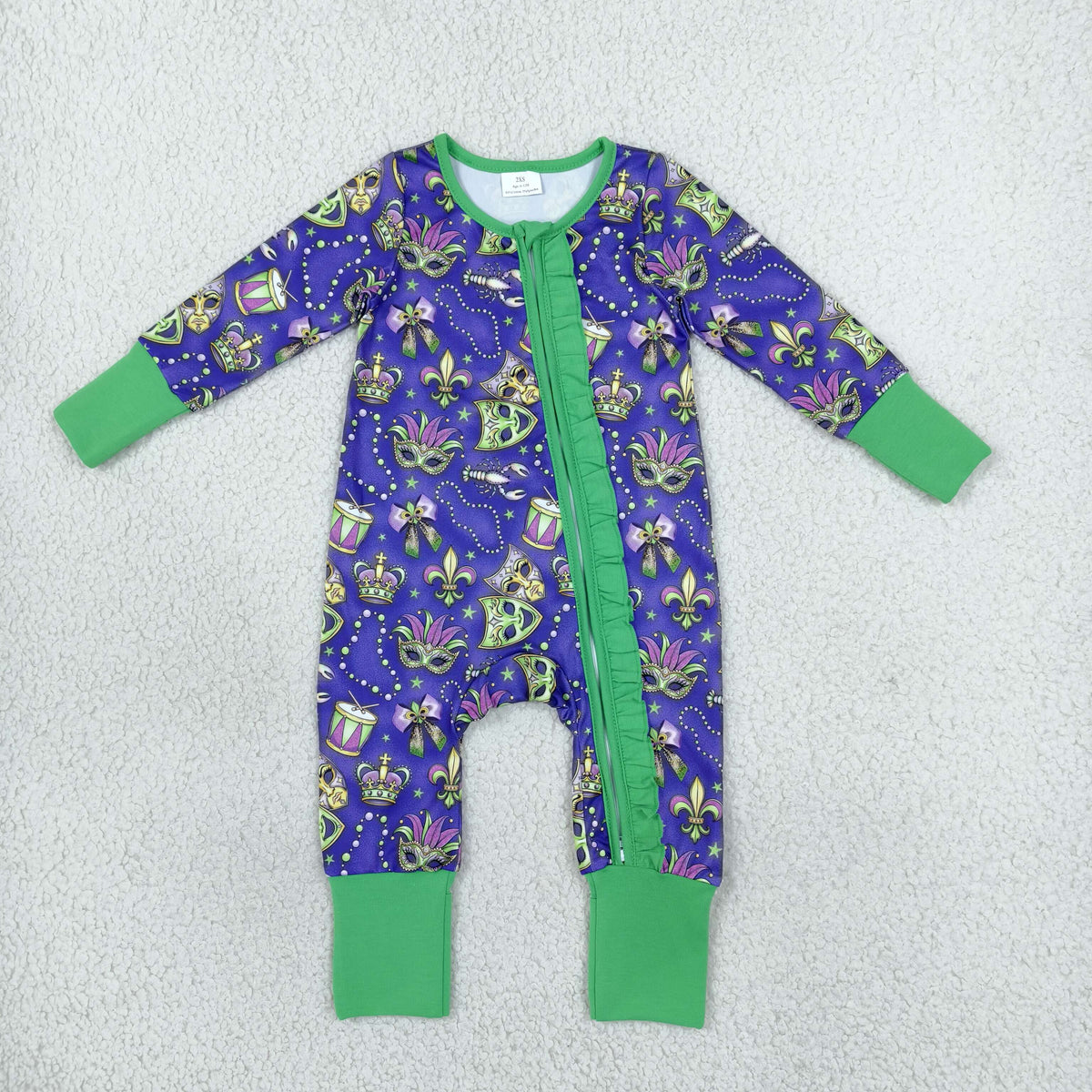 RTS NO MOQ （In stock）milk silk LR3334 Baby Holiday Purple Two Way Ruffle Zip Convertible Rompers