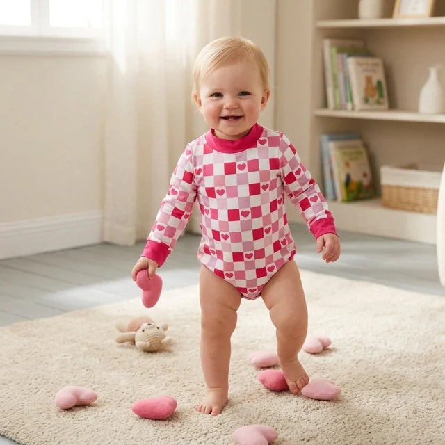 RTS NO MOQ （In stock）milk silk LR3337 High Neck Baby Girls Cute Pink Checked Hearts Casual Long Sleeve Valentines Romper