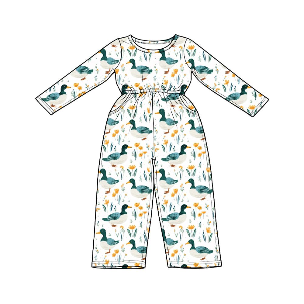 (Preorder new) No moq cotton Baby Girls Duck Floral Print Long Sleeve Waist Jumpsuit And Scalloped Top Wide Leg Pants Set