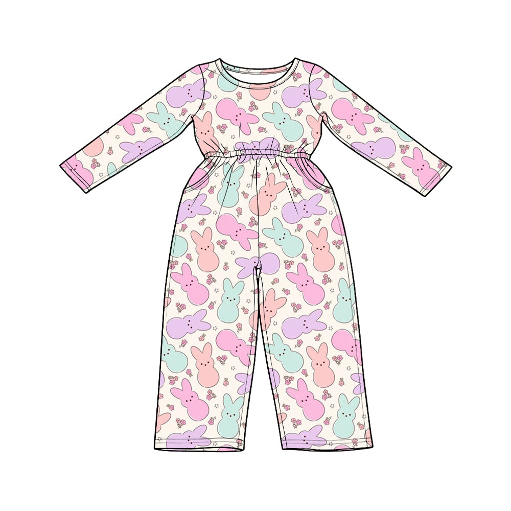 (Preorder new) No moq cotton Baby Girls Bunny Print Jumpsuit And Girls Scalloped Top Wide Leg Pants Set