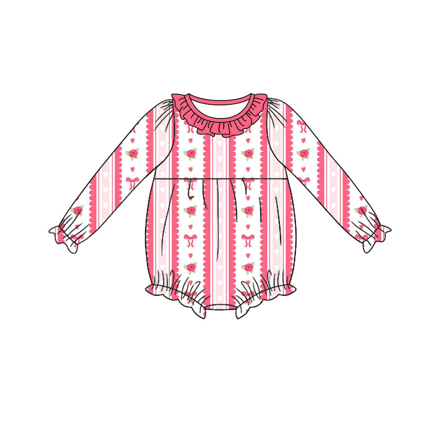 (Preorder new) No moq Baby Girls Pink Striped Rose Bow Print Bell Bottom Pants Solid Crew Neck Sweatshirt Clothes Set
