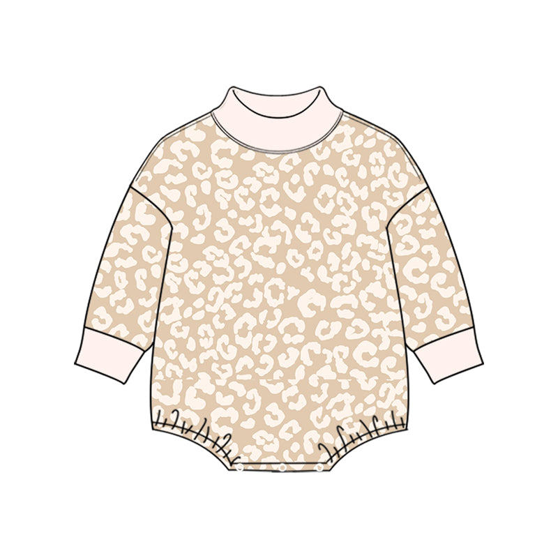 (Preorder new) No moq High Neck Baby Girls Leopard Print Bubble Romper Fall Long Sleeve Outfit