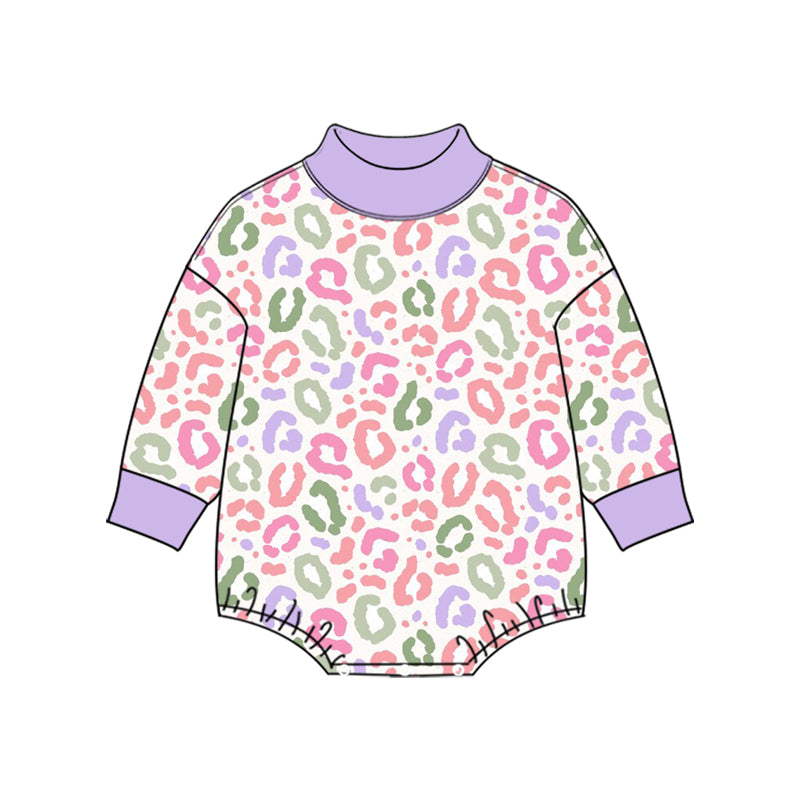 (Preorder new) No moq High Neck Baby Girls Leopard Print Bubble Romper Fall Long Sleeve Outfit