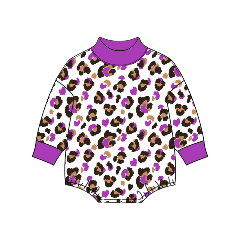 (Preorder new) No moq High Neck Baby Girls Leopard Print Bubble Romper Fall Long Sleeve Outfit