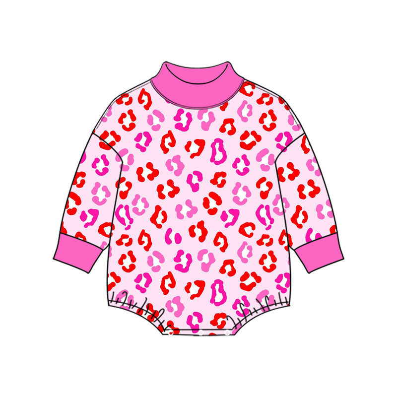 (Preorder new) No moq High Neck Baby Girls Leopard Print Bubble Romper Fall Long Sleeve Outfit