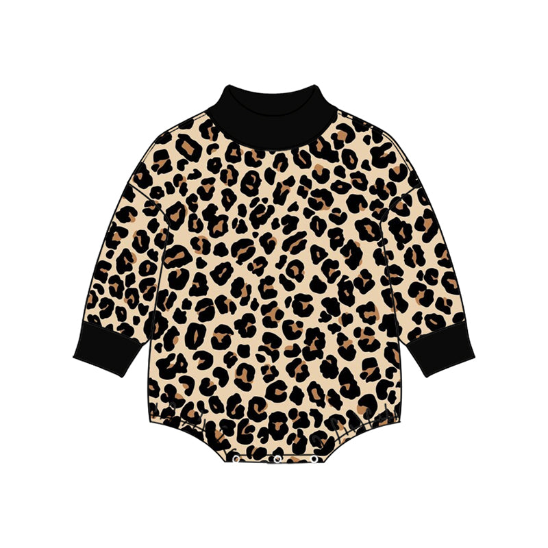 (Preorder new) No moq High Neck Baby Girls Leopard Print Bubble Romper Fall Long Sleeve Outfit