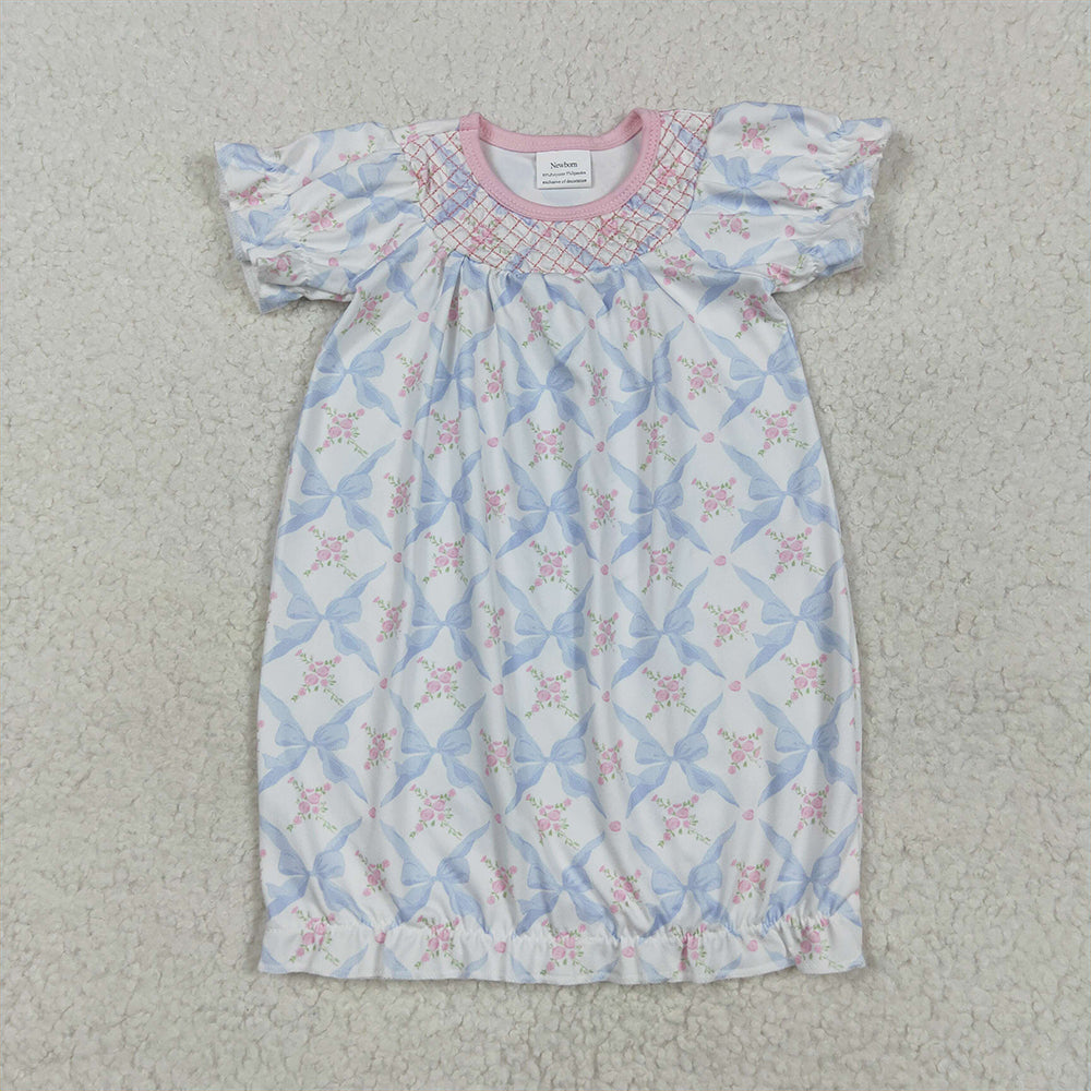 5.13 NB0045 RTS NO MOQ Baby Girls Pajamas  Embroidery Baby Newborn Bows Floral Long Ruffle Sleeves Gowns