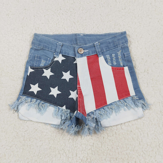 NC0003 RTS NO MOQ Baby Girls Denim Pants Baby Girls 4th Of July Sibling Sister Denim Shorts