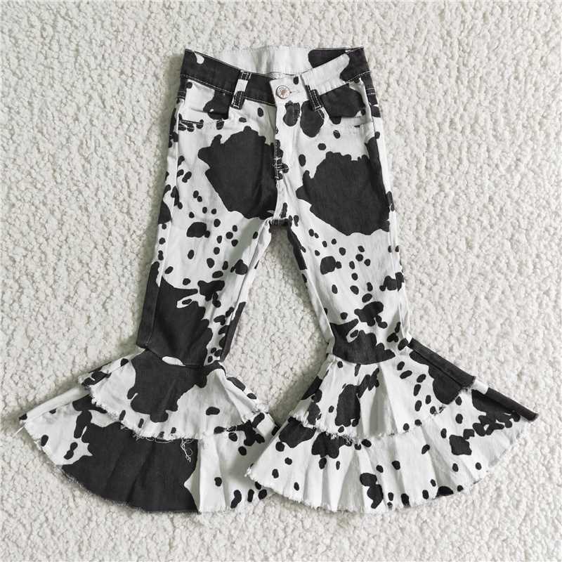Baby Girls Denim Ruffle Pants Cow Print High Waist Trousers for Kids