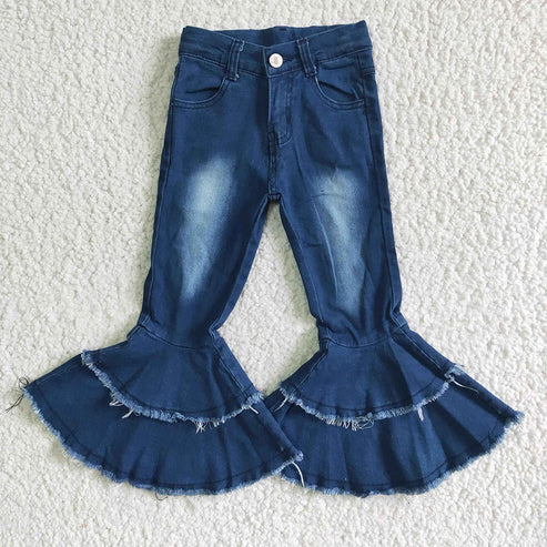 11.6 RTS Sibling Baby Girls Blue Ruffle Bell Bottom Denim Pants Jeans
