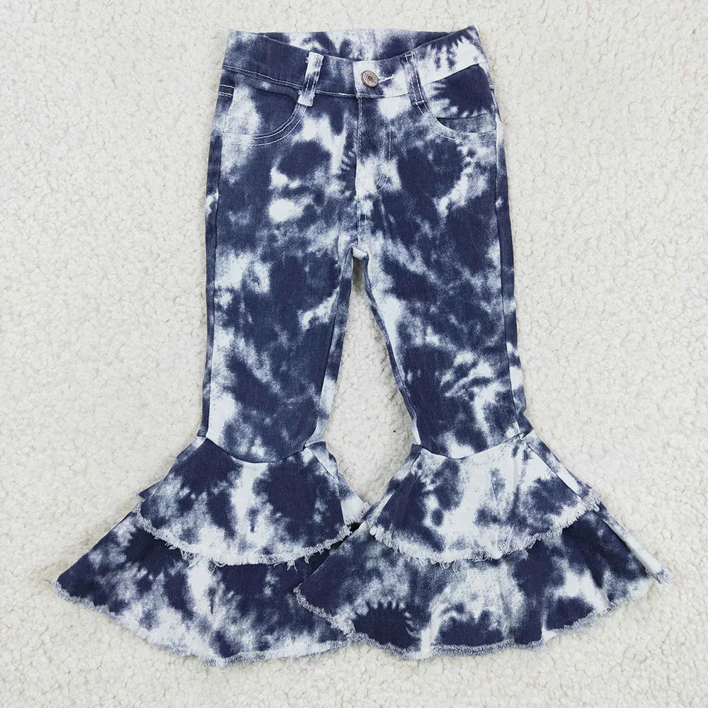 11.6 RTS Sibling Baby Girls Leopard Camo Bell Bottom Denim Pants Jeans