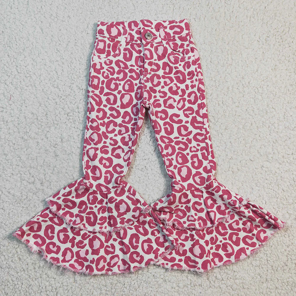 11.6 RTS Sibling Baby Girls Leopard Camo Bell Bottom Denim Pants Jeans