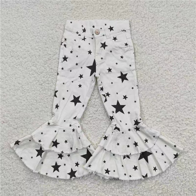 11.6 RTS Sibling Baby Girls Leopard Camo Bell Bottom Denim Pants Jeans