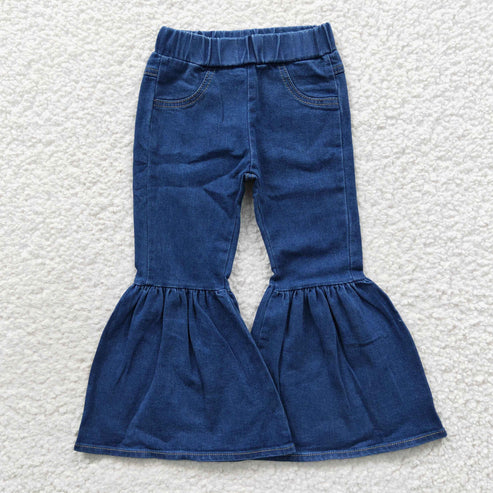 11.6 RTS Sibling Baby Girls Blue Ruffle Bell Bottom Denim Pants Jeans