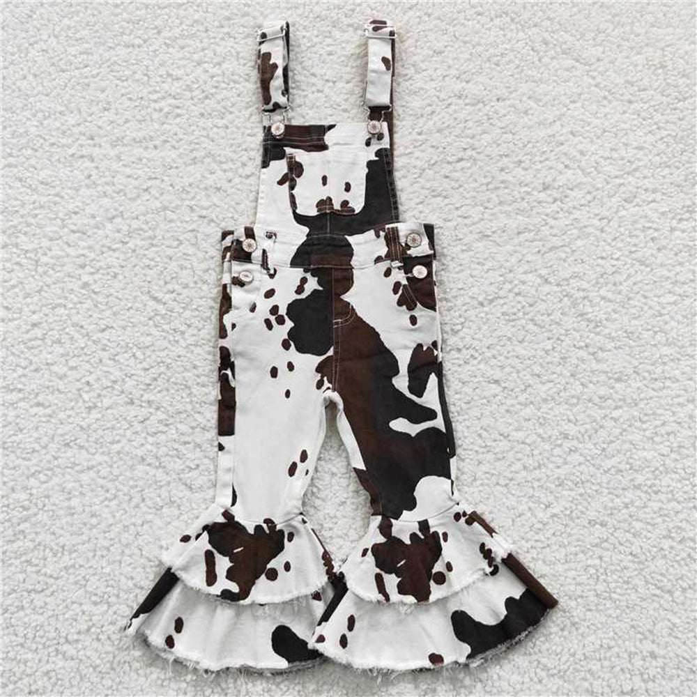USA Shop (in stock)P0084 Cow print ruffle bell bottom girls denim overalls