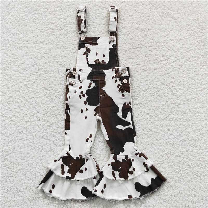 11.27 RTS NO MOQ （In stock）P0084 Baby Girls Cowhide Print Bib Bell Overall Jumpsuits