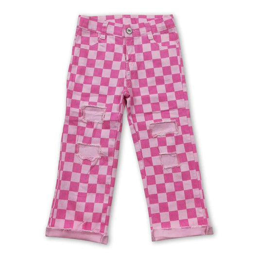 USA Warehouse (IN STOCK) P0096 Pink checked hole baby girls jeans