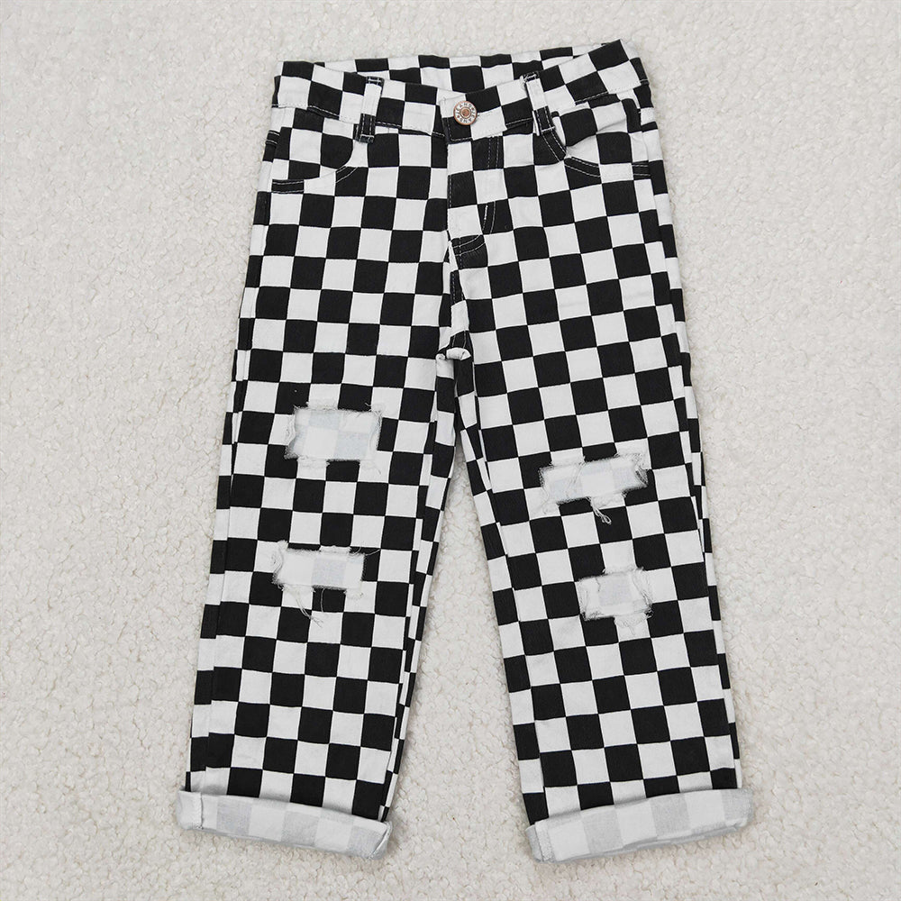 4.07 P0122 RTS NO MOQ Baby Boys Pants Black checked hole baby boy jeans