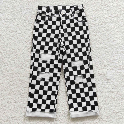 11.29 RTS Sibling Girls Boys Checkered Denim Adjustble Waistband Jeans Pants