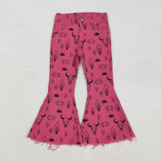 RTS NO MOQ （In stock）P0159 Baby Girls Denim Pants Western Style Pink Cow Embroidered Denim Bell Pants Casual Infant Outfit for Girls