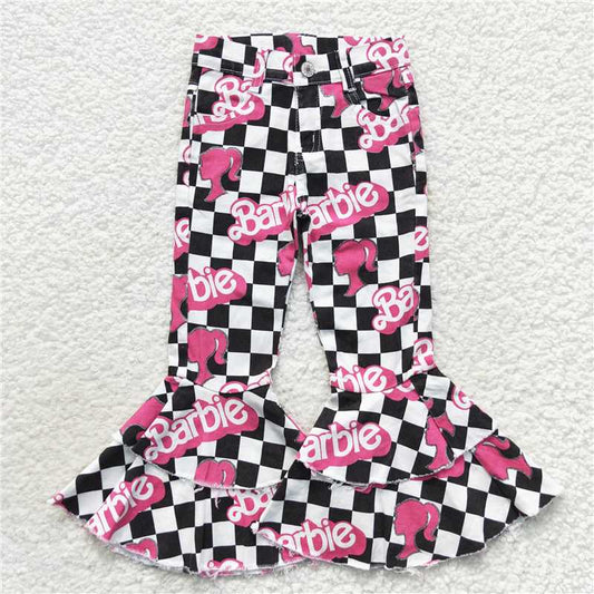 P0243Black plaid party girls bell bottom jeans