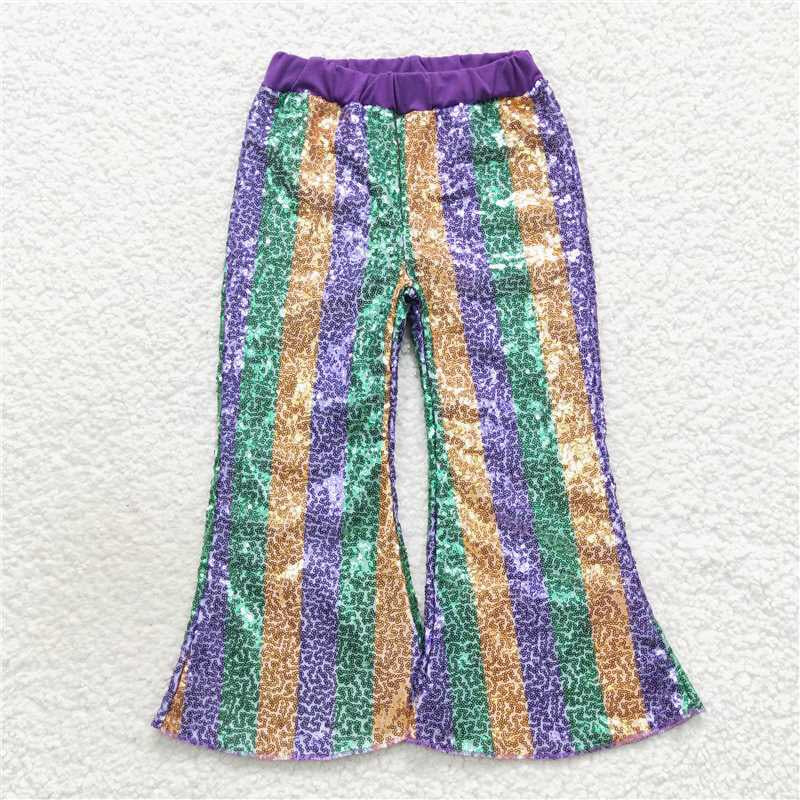 11.12 RTS Sibling Baby Girls Mardigras Stripes Checked Flare Bell Bottom Pants