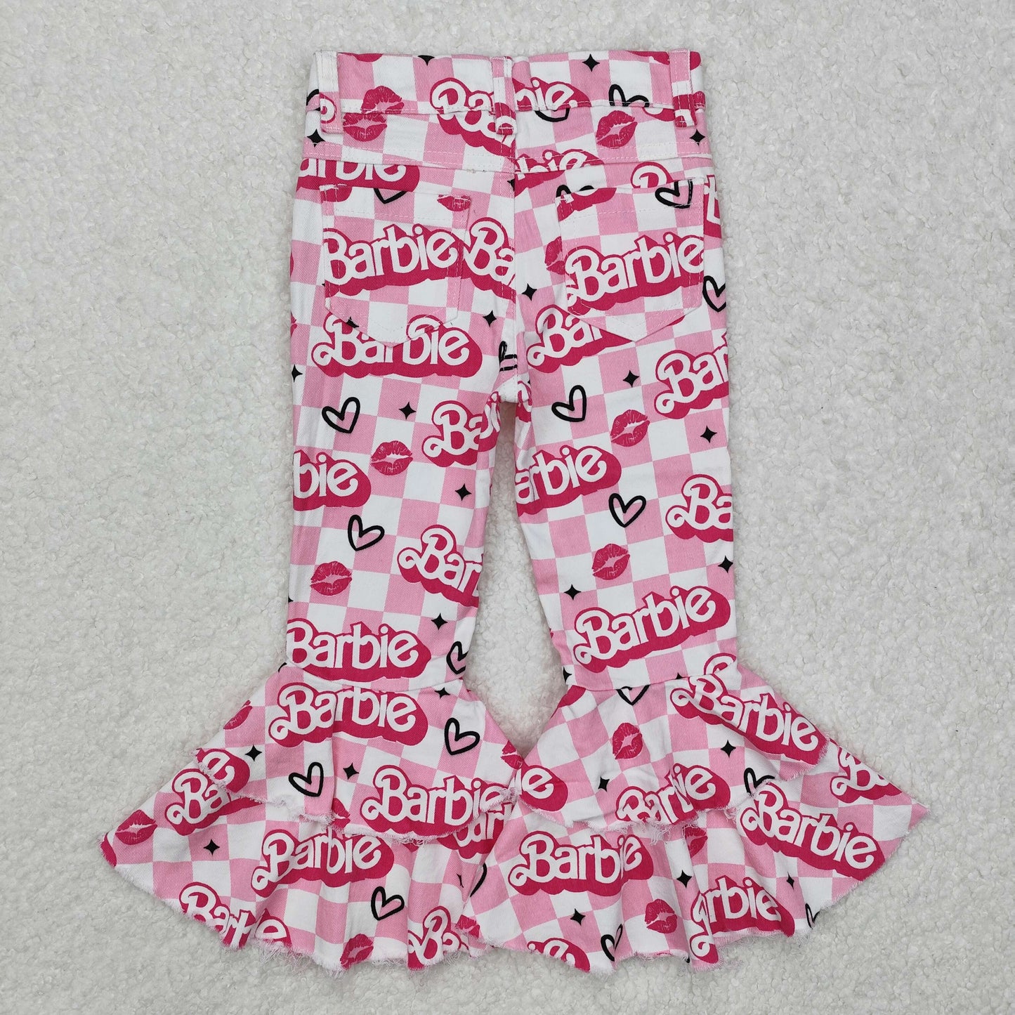 P0294Pink plaid lip bell bottom denim pants party girls jeans