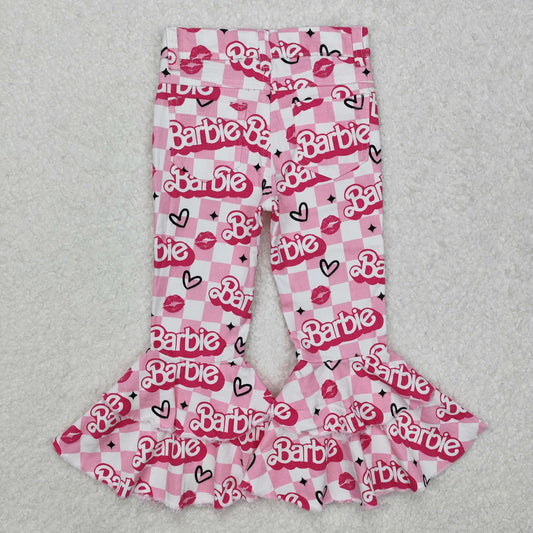 P0294Pink plaid lip bell bottom denim pants party girls jeans