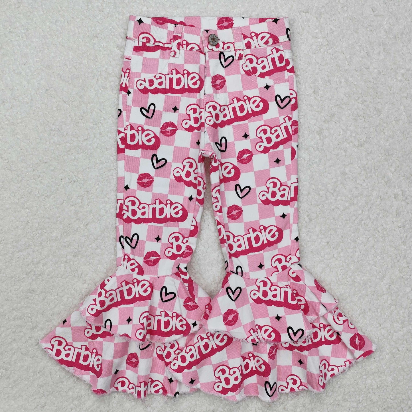 P0294Pink plaid lip bell bottom denim pants party girls jeans
