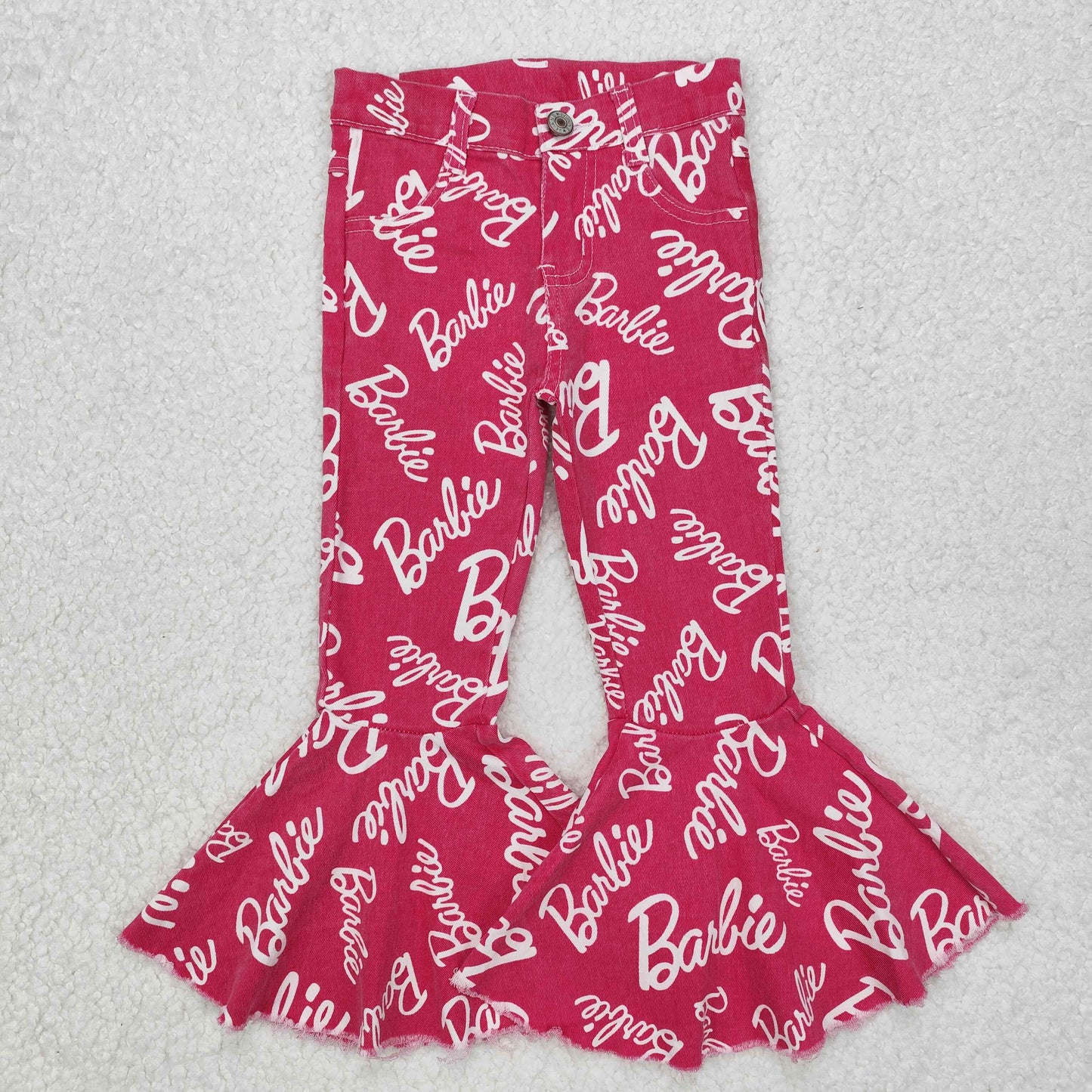 P0295Hot pink ruffle bell bottom denim pants party girls jeans