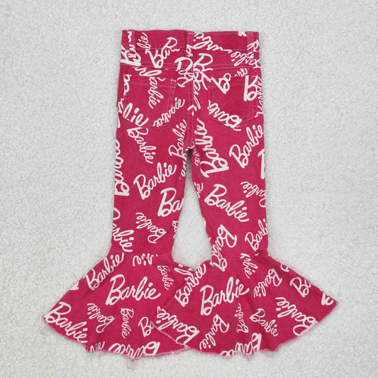 P0295Hot pink ruffle bell bottom denim pants party girls jeans