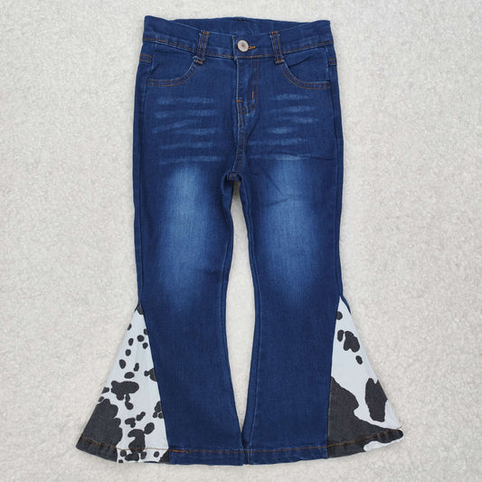 P0304Black cow print bell bottom pants baby girls jeans