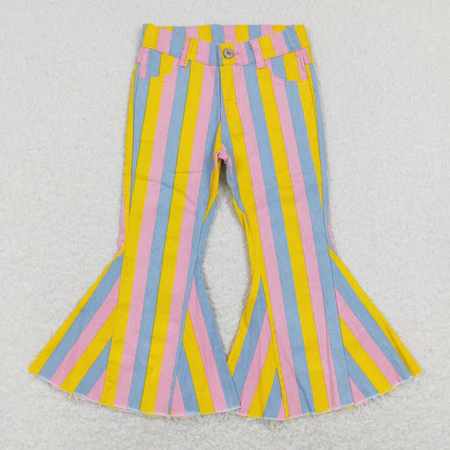 9.27 RTS Sibling Baby Girls Colorful Stripes Bell Bottom Denim Jeans Pants